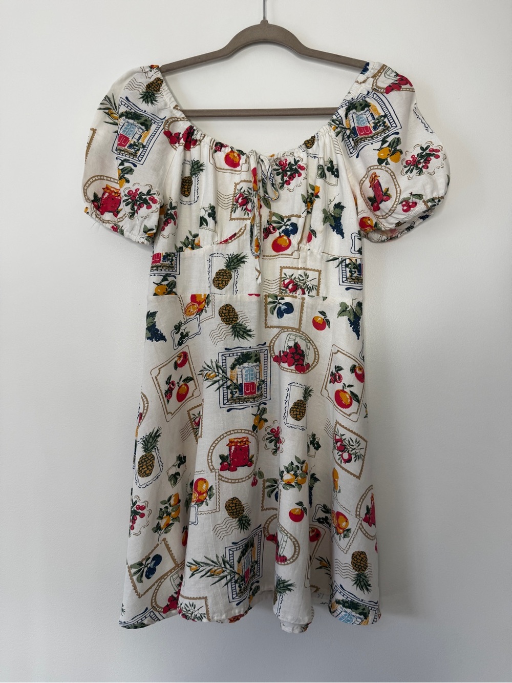 Japna Mini Dress Puff Sleeve Vibrant Fruit Botanical Stamp Print Sz L